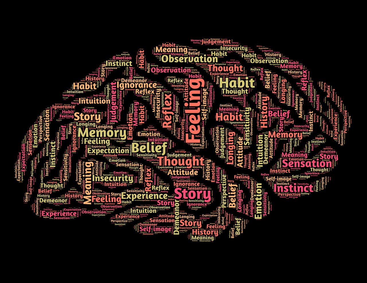 Zu sehen ist ein Gehirn dargestellt aus vielen verschiedenen Begriffen aus der Verkaufspsychologie
