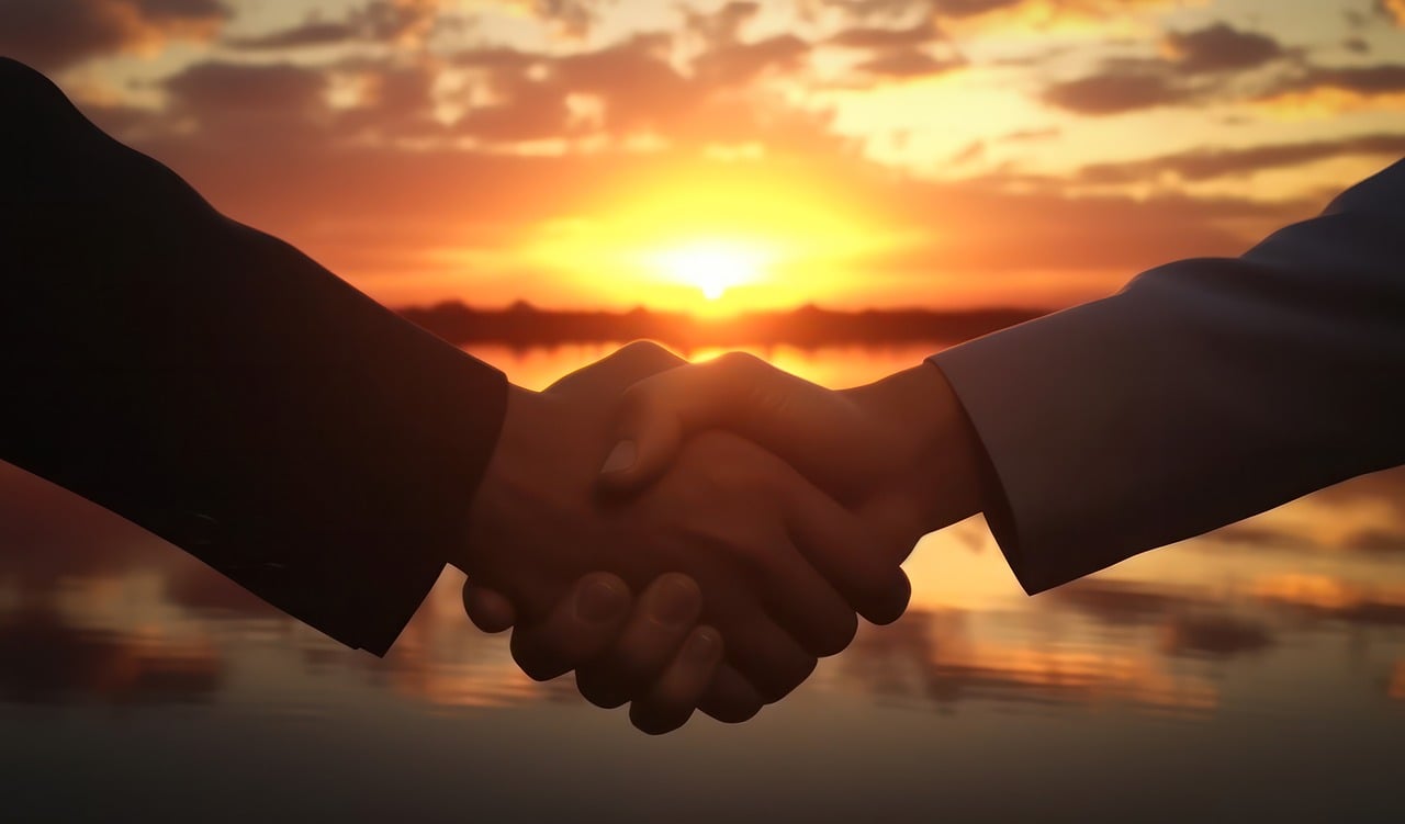 Auf dem Bild sieht man zwei Hände die in einander greifen (Handschlag). Im Hintergrund ist ein Sonnenuntergang