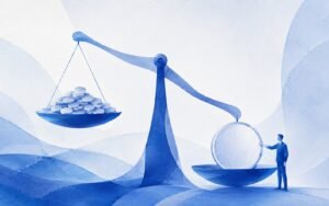 Mann im Anzug legt eine einzelne große Münze auf eine Waagschale, die schwerer wiegt als ein Haufen kleiner Münzen auf der anderen Seite, in blauen Aquarelltönen, als Sinnbild für hochpreisige Abschlüsse eines Closers.