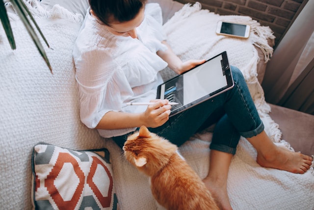 Frau mit dunkelblondem Zopf, Langarmbluse und blauen Jeans sitzt Barfuß mit Tablet, Handy und orange-getigerter Katze auf Couch mit weißer Decke.