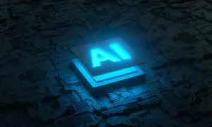 Schwarze Leiterplatte mit blau-leuchtendem AI-Logo abgehoben im Zentrum.