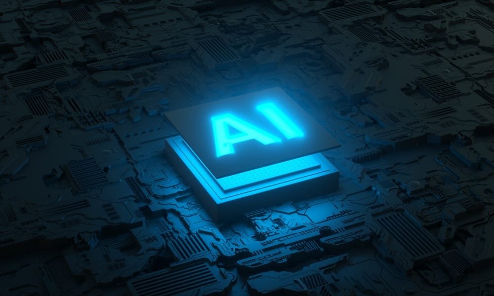 Schwarze Leiterplatte mit blau-leuchtendem AI-Logo abgehoben im Zentrum.