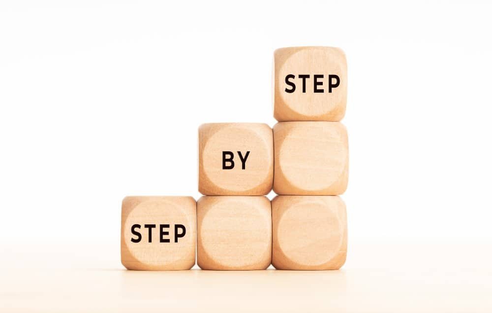Drei aufsteigende Würfeltürme nebeneinander in hellem Holz mit schwarzen Buchstaben, welche die Wörter Step-by-Step bilden.