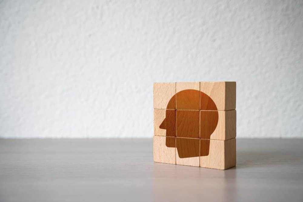 Silhouette eines menschlichen Kopfs im Profil, aus neun braunen Würfeln zusammengebaut, stehend auf grauem Boden. Weiße Rauhfasertapete im Hintergrund.