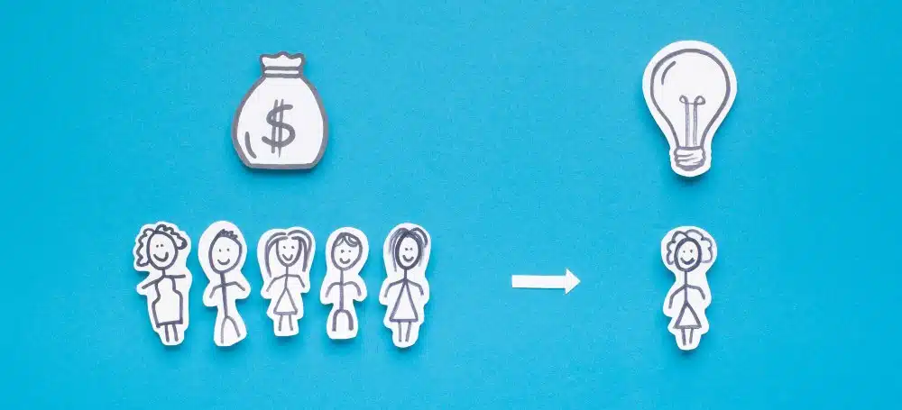 Fünf Papiermenschen, mit Bleistift gezeichnet, darüber ein gezeichneter Sack voll Geld, Pfeil dazwischen führt zu einem weiteren Papiermenschen mit einer gezeichneten Glühbirne darüber. Blauer Hintergrund.