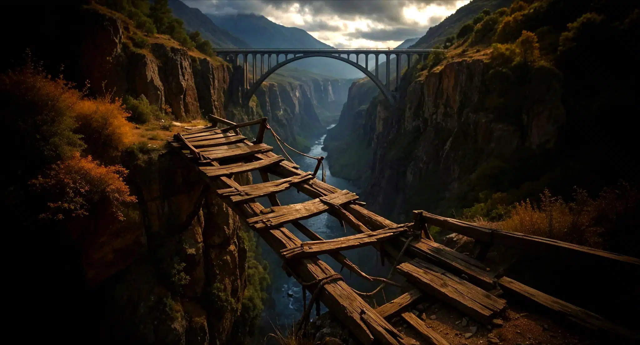Eine stark verfallene Holzbrücke führt über eine tiefe Schlucht, darunter ein Fluss; im Hintergrund überspannt eine intakte Steinbogenbrücke das Tal zwischen steilen, bewaldeten Felswänden.