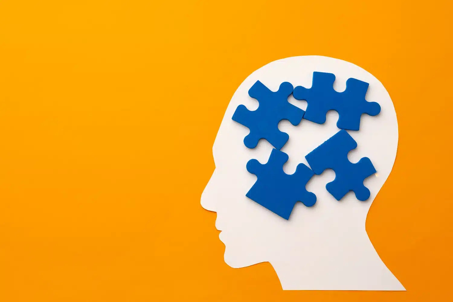 Scherenschnitt eines Schädelprofils in weiß auf gelbem Hintergrund, darin vier blaue Puzzleteile.