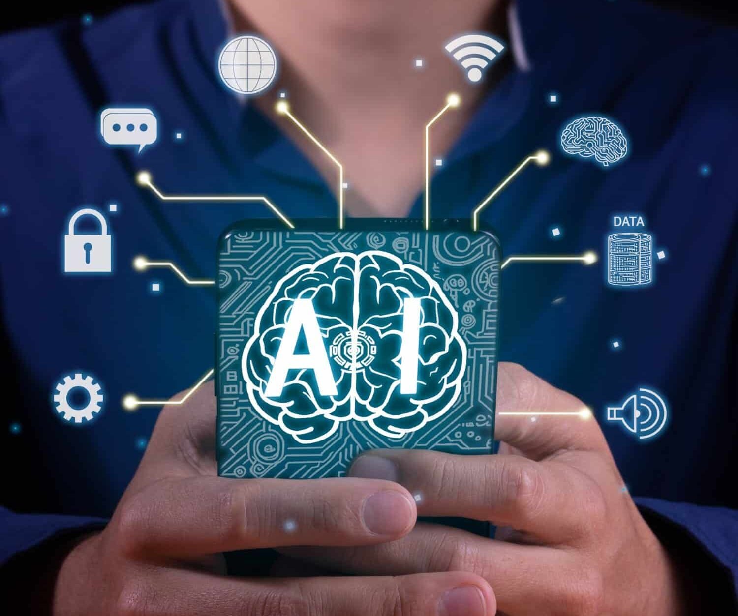 Mann, Brustbereich bis Kinn, in blauem Shirt, hält ein AI-Logo in grellem Weiß-Blau, darüber verschiedene, kleinere Logos, die den Nutzen von AI verdeutlichen.
