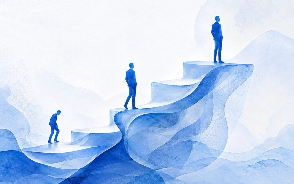 Aquarellartige Illustration in Blautönen: drei Männer im Anzug auf einer aufsteigenden Treppe, vom mühsamen Aufstieg unten bis zur aufrechten Person an der Spitze; Symbol für Entwicklung und Aufstieg.