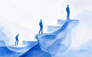Aquarellartige Illustration in Blautönen: drei Männer im Anzug auf einer aufsteigenden Treppe, vom mühsamen Aufstieg unten bis zur aufrechten Person an der Spitze; Symbol für Entwicklung und Aufstieg.
