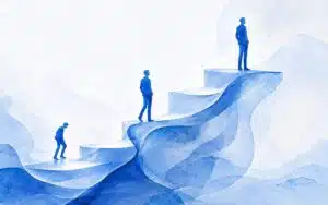 Aquarellartige Illustration in Blautönen: drei Männer im Anzug auf einer aufsteigenden Treppe, vom mühsamen Aufstieg unten bis zur aufrechten Person an der Spitze; Symbol für Entwicklung und Aufstieg.