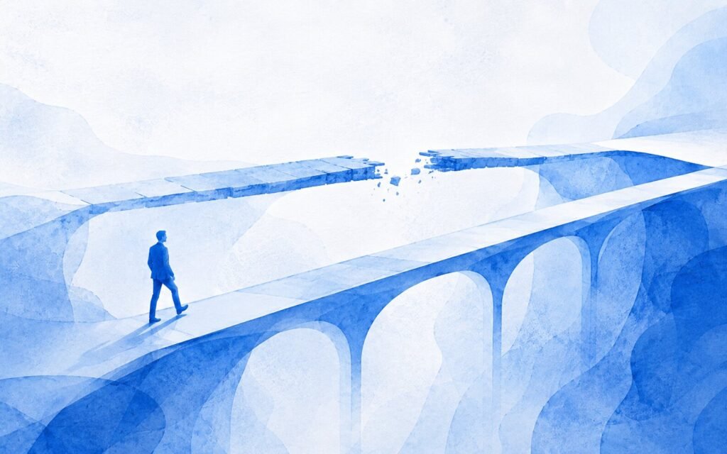 Aquarellartige Illustration in Blautönen: ein Mann im Anzug geht über eine Brücke, die vor ihm eine Lücke mit herausbrechenden Steinen aufweist; Symbol für ein riskantes, unsicheres Vorgehen.
