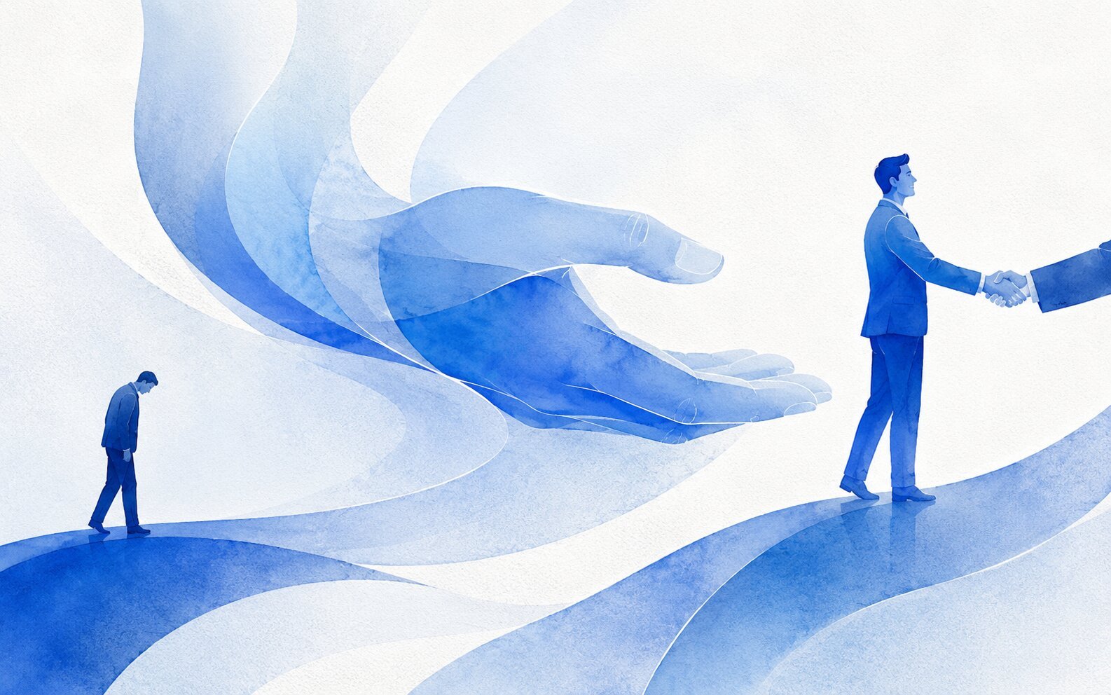 Aquarellartige Illustration in Blautönen: ein Geschäftsmann reicht einer überdimensionalen Hand zum Handschlag, während links eine niedergeschlagene kleine Figur davongeht; Symbol für Unterstützung beim Neuanfang.