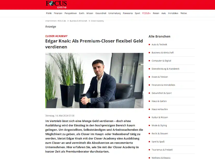 Artikelansicht: FOCUS online – Als Premium-Closer flexibel Geld verdienen