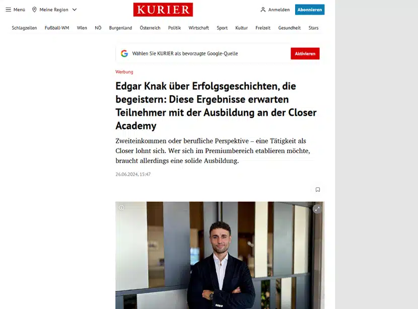 Artikelansicht: KURIER – Erfolgsgeschichten aus der Closer Academy