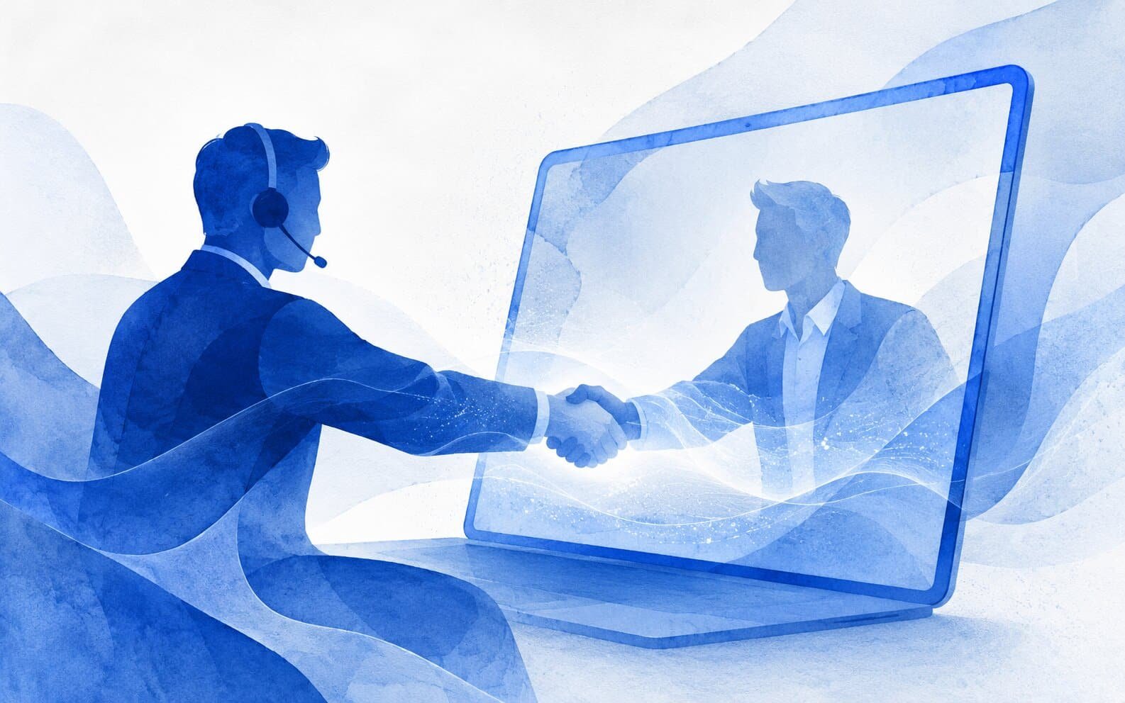 Aquarellartige Illustration in Blautönen: ein Mann mit Headset reicht durch einen Laptop-Bildschirm einer Person darin die Hand zum Handschlag; Symbol für einen Geschäftsabschluss im Remote-Vertrieb.