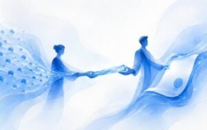 Aquarellartige Illustration in Blautönen: eine Frau links und ein Mann rechts reichen sich einen leuchtenden Strom weiter; bei der Frau lösen sich Datenpunkte, beim Mann liegt ein Dokument mit Siegel; Symbol für die Übergabe vom Setter zum Closer.