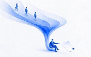 Aquarellartige Illustration in Blautönen: ein sitzender Mann im Anzug hält ein Dokument mit Siegel, während über einen trichterförmigen Pfad drei Geschäftsleute auf ihn zugehen; Symbol für die Arbeit eines Closers.